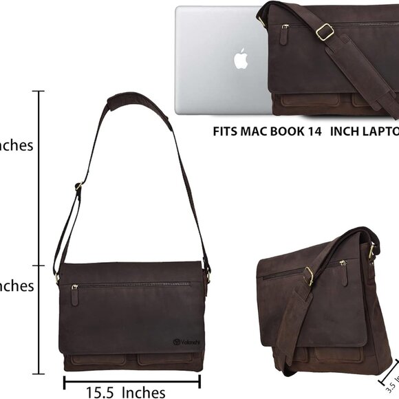 Real Genuine Leather 14" Laptop Messenger Bag/Briefcase For Men & Women - Picture 4 of 7